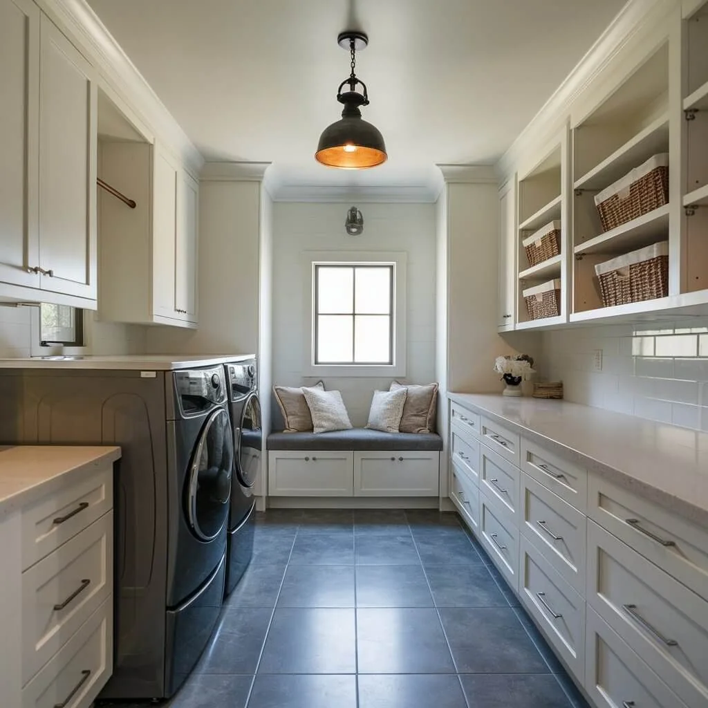 Laundry with white cabinetry, open shelving and side-by-side appliances