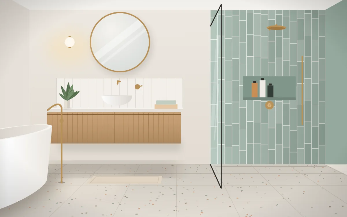 Renovated bathroom with a floating timber vanity, round mirror, freestanding bath and walk-in shower