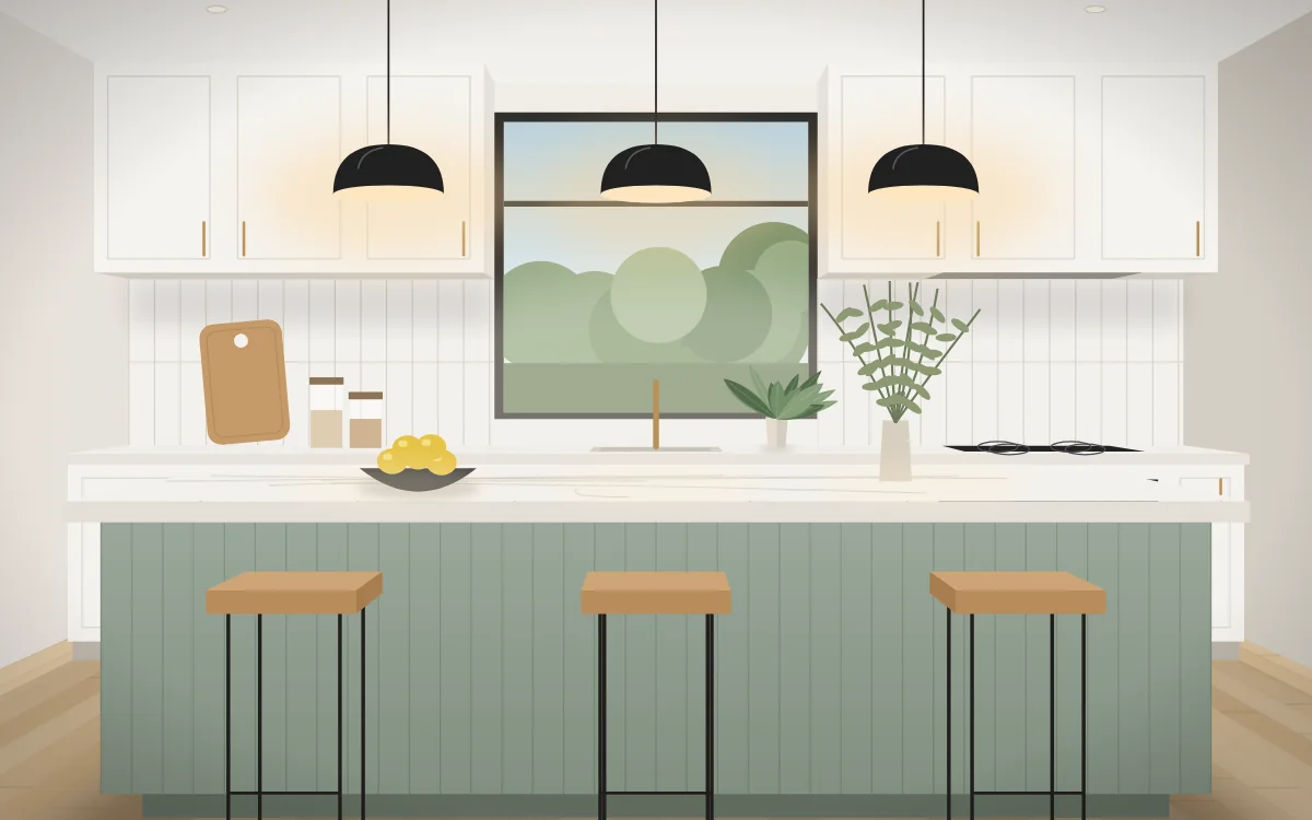Renovated kitchen with a sage island bench, stone benchtop and black pendant lights