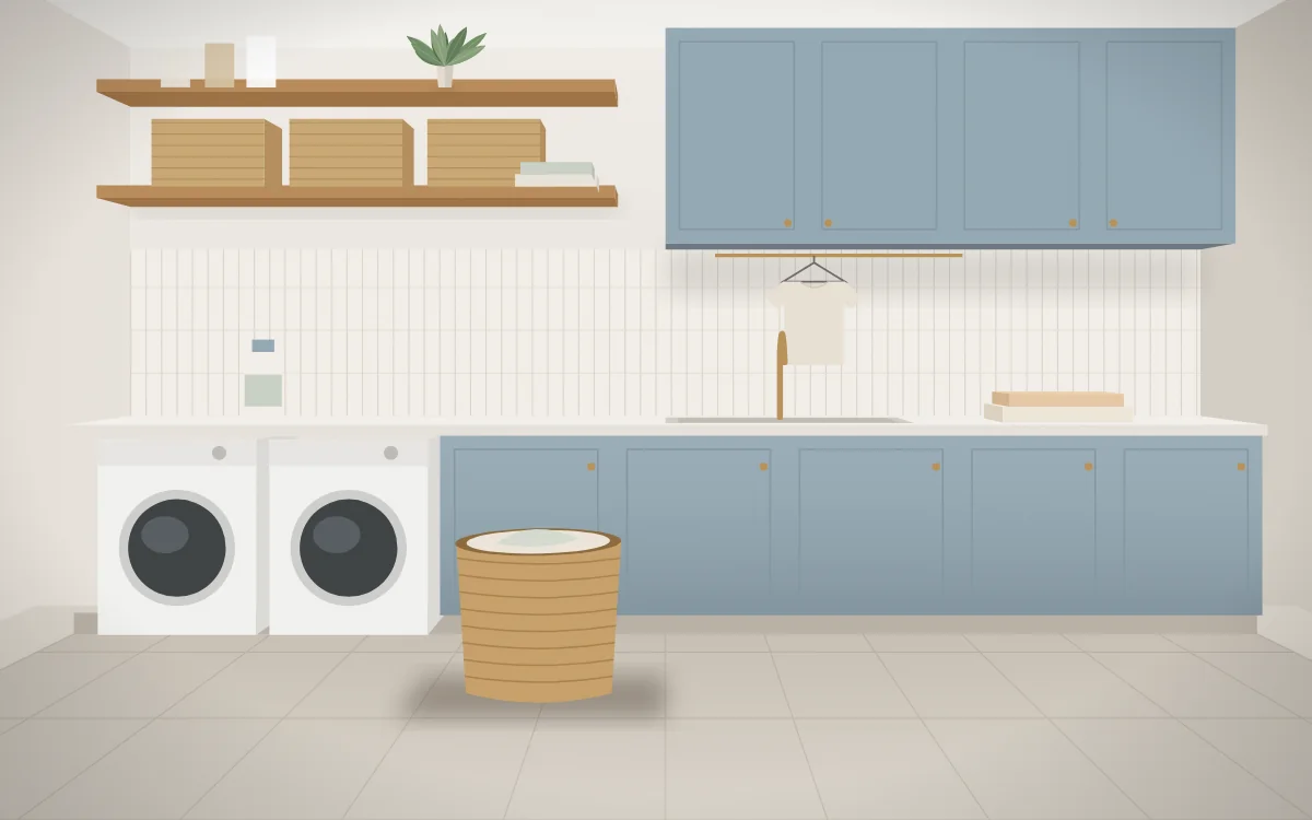 Renovated laundry with blue cabinetry, built-in washer and dryer, and open shelving